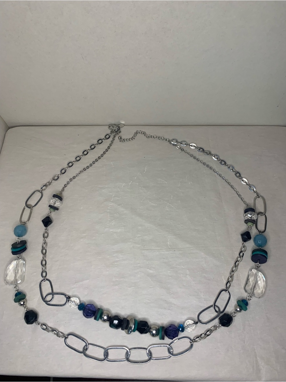 Double Strand Silver Beaded Chain Belt in Blue and Black